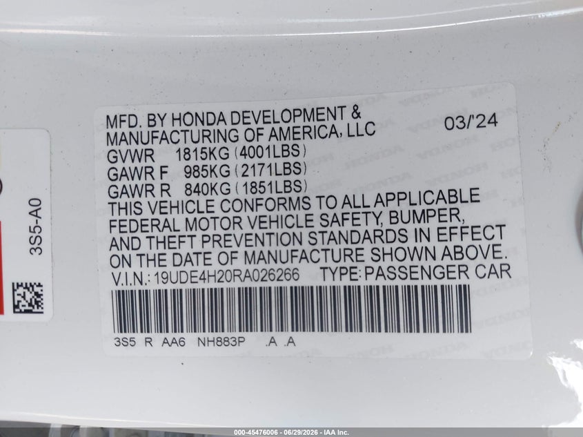2024 Acura Integra VIN: 19UDE4H20RA026266 Lot: 45476006