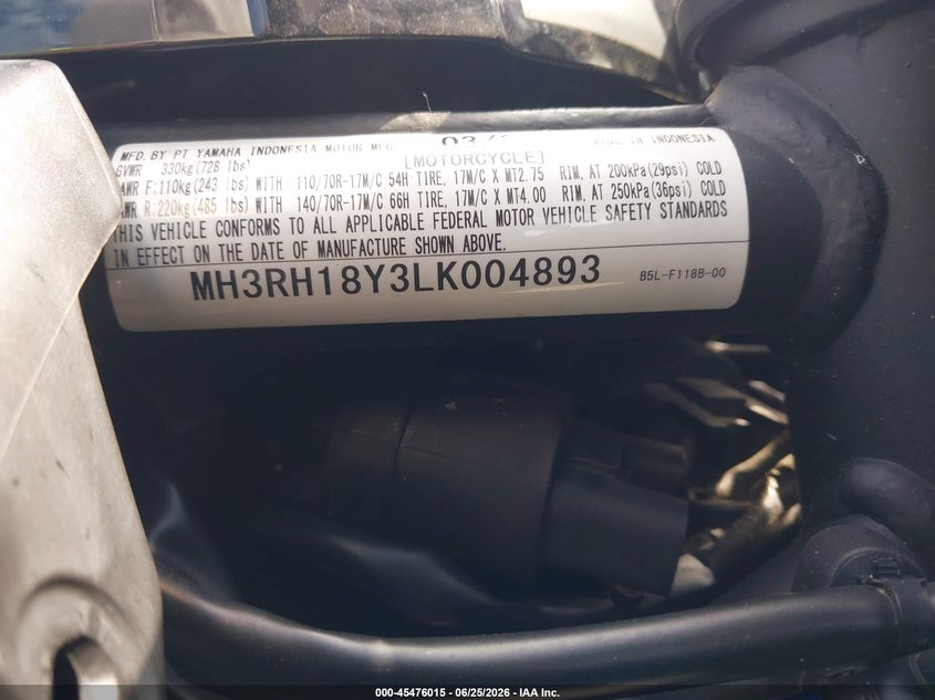 2020 Yamaha Yzfr3 A VIN: MH3RH18Y3LK004893 Lot: 45476015
