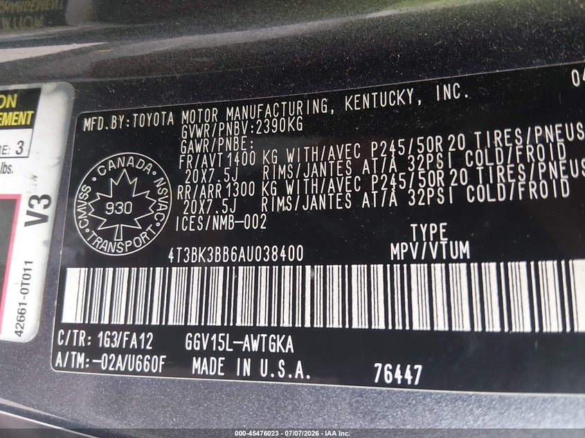 2010 Toyota Venza Base V6 VIN: 4T3BK3BB6AU038400 Lot: 45476023