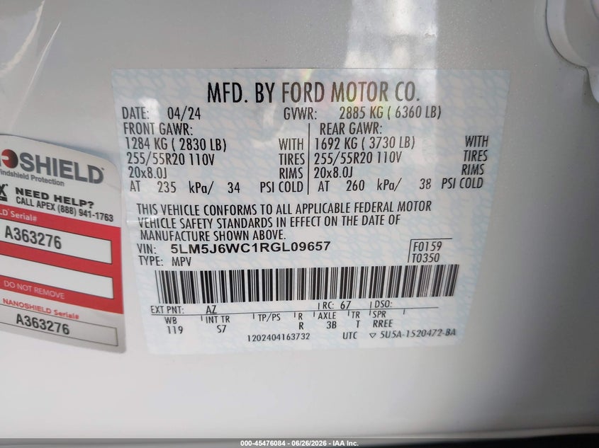 2024 Lincoln Aviator Premiere VIN: 5LM5J6WC1RGL09657 Lot: 45476084