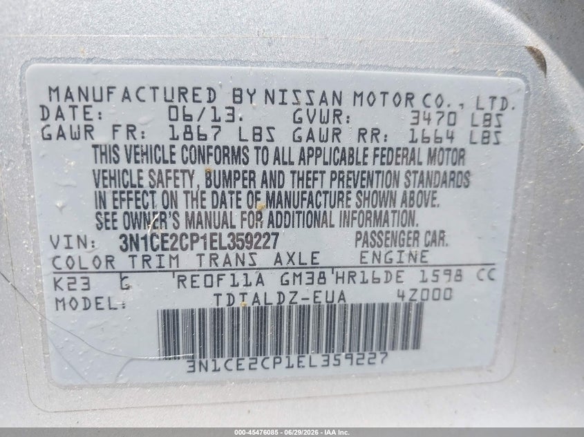 2014 Nissan Versa Note Sv VIN: 3N1CE2CP1EL359227 Lot: 45476085