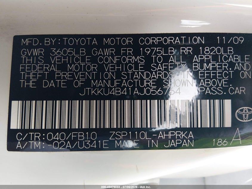 2010 Scion Xd VIN: JTKKU4B41AJ056764 Lot: 45476088