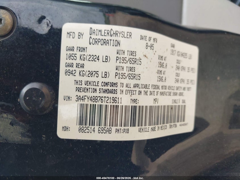 2006 Chrysler Pt Cruiser VIN: 3A4FY48B76T219611 Lot: 45476100