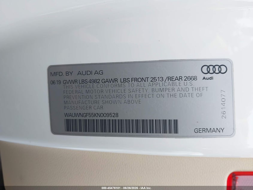 2019 Audi A5 45 Premium VIN: WAUWNGF55KN009528 Lot: 45476101