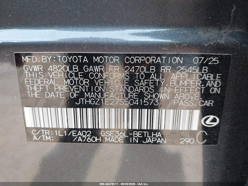 LEXUS IS 350 2025 VIN JTHGZ1E27S5041573