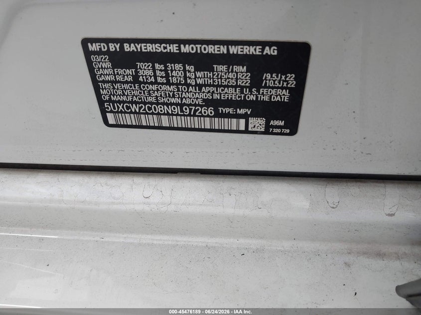 2022 BMW X7 xDrive40I VIN: 5UXCW2C08N9L97266 Lot: 45476189
