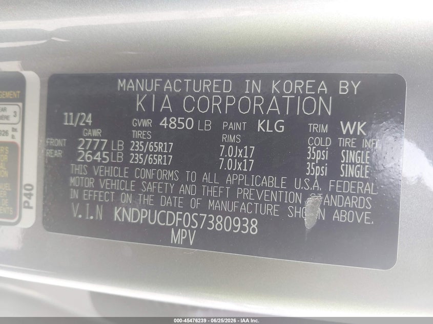 KIA SPORTAGE 2025 VIN KNDPUCDF0S7380938