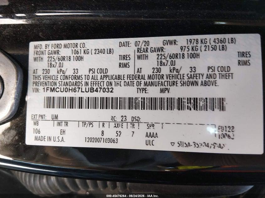FORD ESCAPE 2020 VIN 1FMCU0H67LUB47032