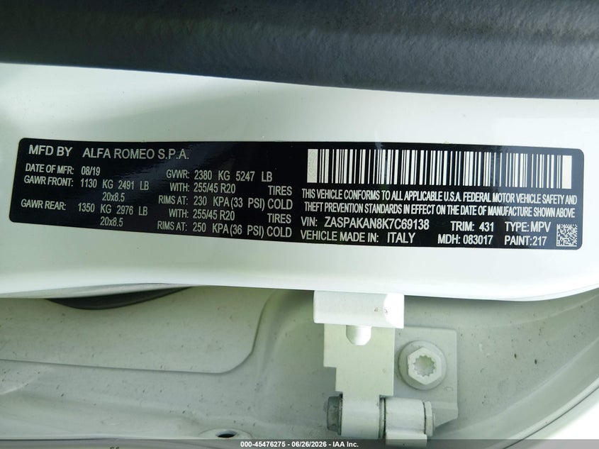 2019 Alfa Romeo Stelvio Awd VIN: ZASPAKAN8K7C69138 Lot: 45476275