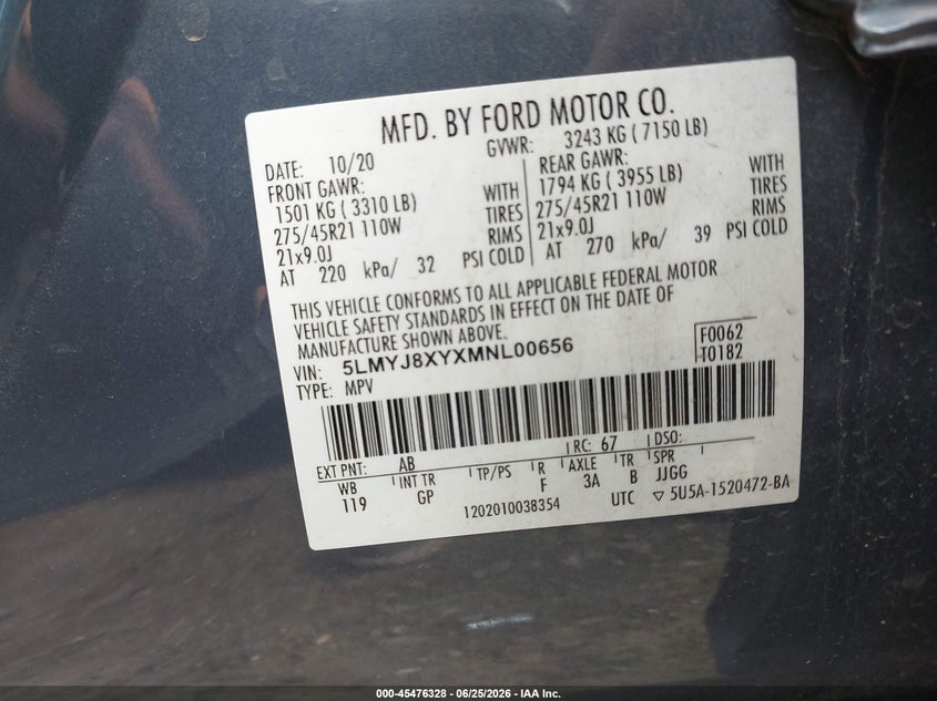 2021 Lincoln Aviator Grand Touring VIN: 5LMYJ8XYXMNL00656 Lot: 45476328