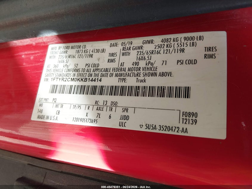 2019 FORD TRANSIT VAN 3.7L V-6 DOHC, VVT, 275HP