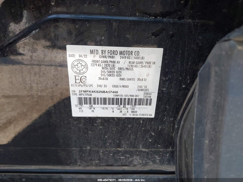 2022 FORD EDGE(VIN: 2FMPK4K92NBA57460