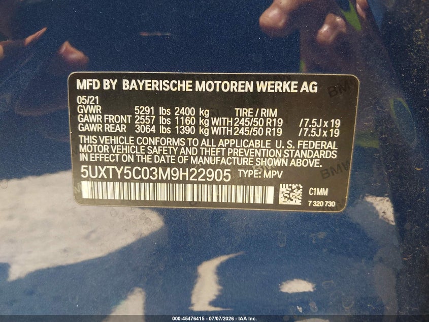 2021 BMW X3 xDrive30I VIN: 5UXTY5C03M9H22905 Lot: 45476415