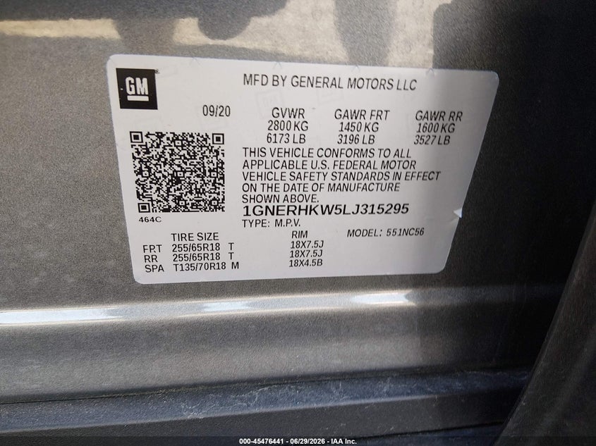 CHEVROLET TRAVERSE 2020 VIN 1GNERHKW5LJ315295