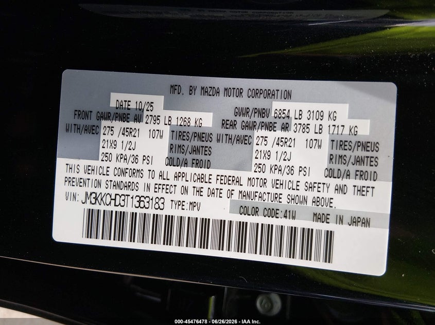 2026 Mazda Cx-90 3.3 Turbo Premium Sport VIN: JM3KKCHD3T1363183 Lot: 45476478