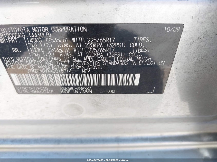 2010 TOYOTA RAV 4 SPORT UTILITY VEHICLE 2.5L I-4 DOHC, VVT, 179HP