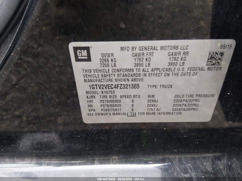 GMC SIERRA 1500 2015 VIN 1GTV2VEC4FZ321365