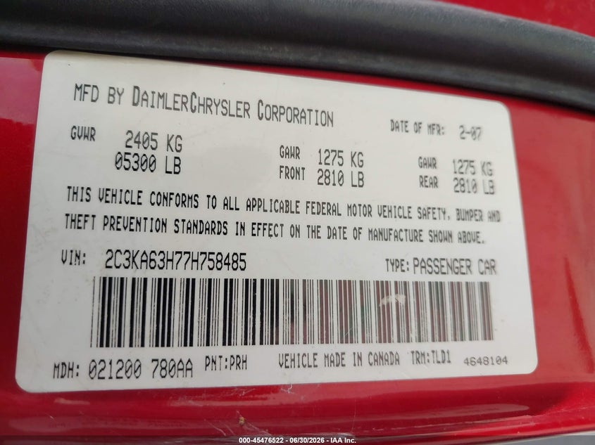 2007 Chrysler 300C VIN: 2C3KA63H77H758485 Lot: 45476522