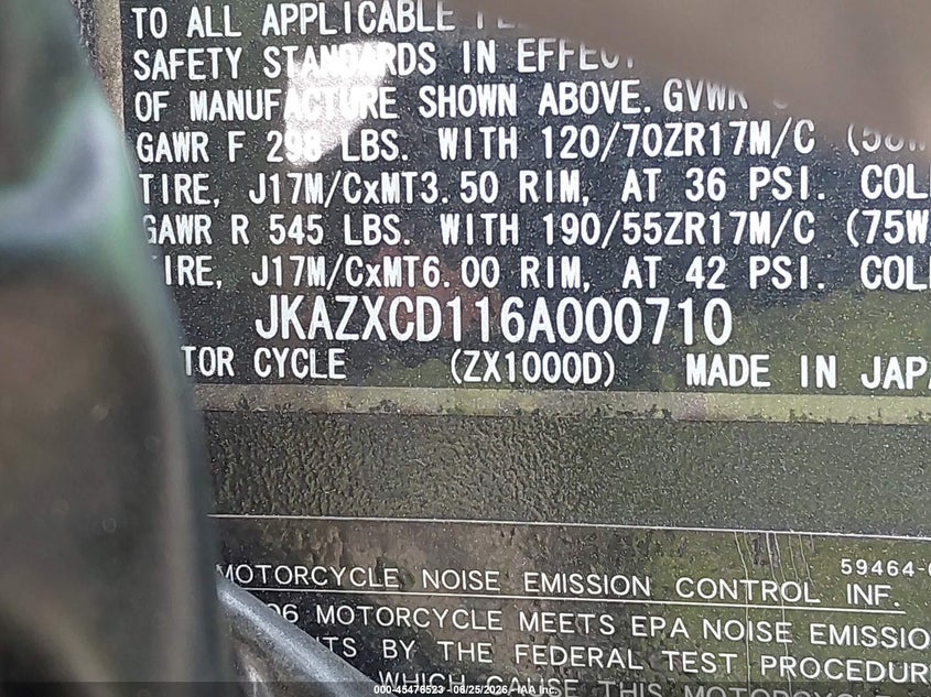 2006 Kawasaki Zx1000 D6F VIN: JKAZXCD116A000710 Lot: 45476523