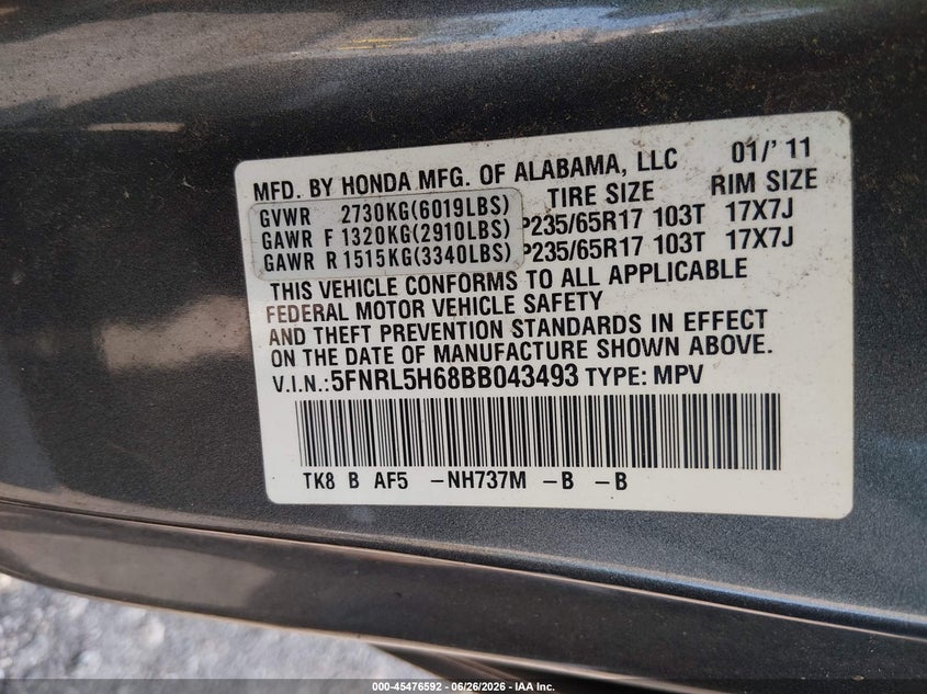 HONDA ODYSSEY 2011 VIN 5FNRL5H68BB043493