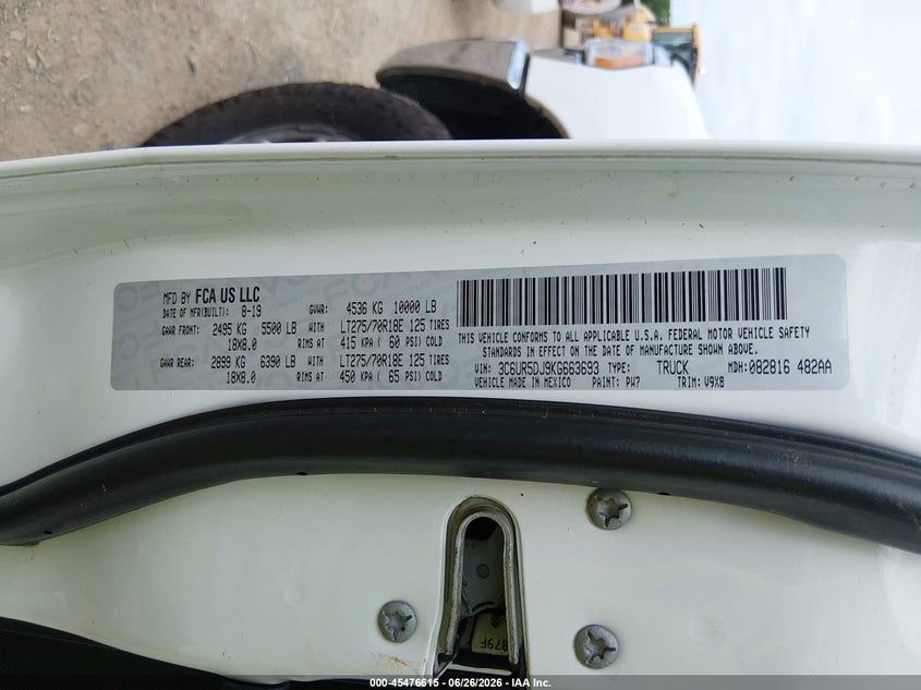 RAM 2500 2019 VIN 3C6UR5DJ9KG663693