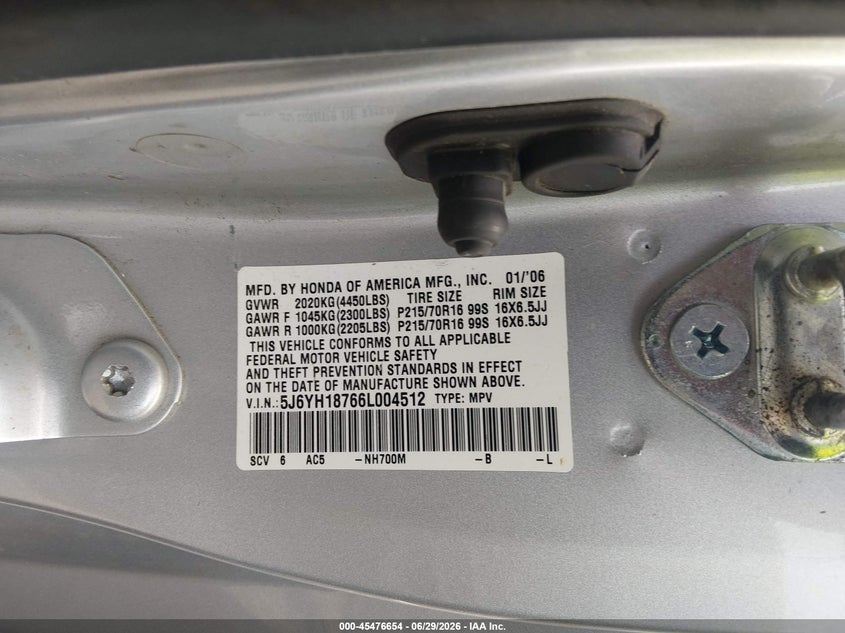 2006 Honda Element Ex-P VIN: 5J6YH18766L004512 Lot: 45476654