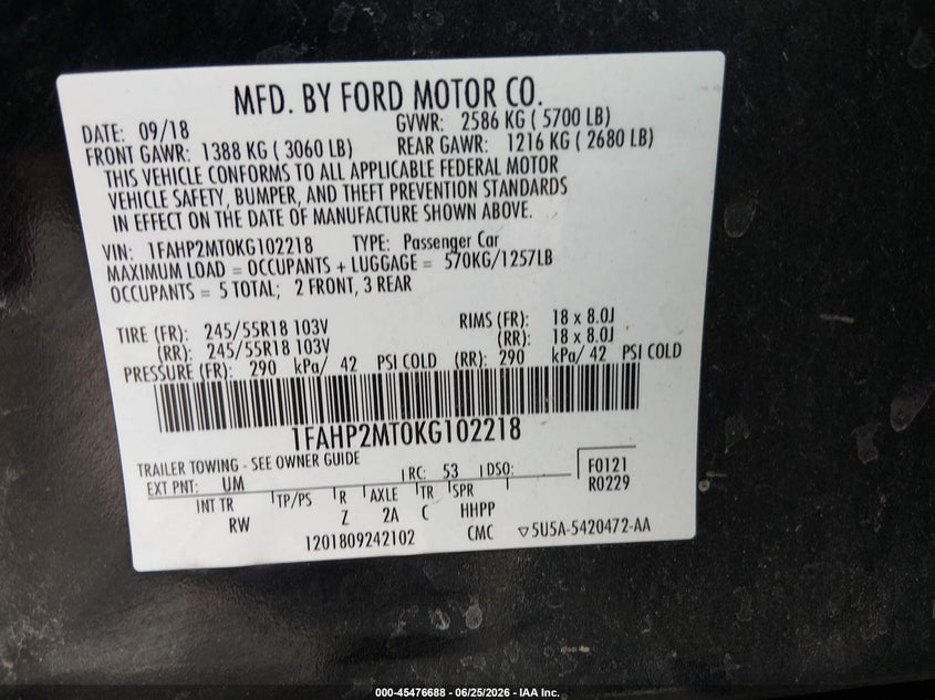 2019 Ford Police Interceptor VIN: 1FAHP2MT0KG102218 Lot: 45476688