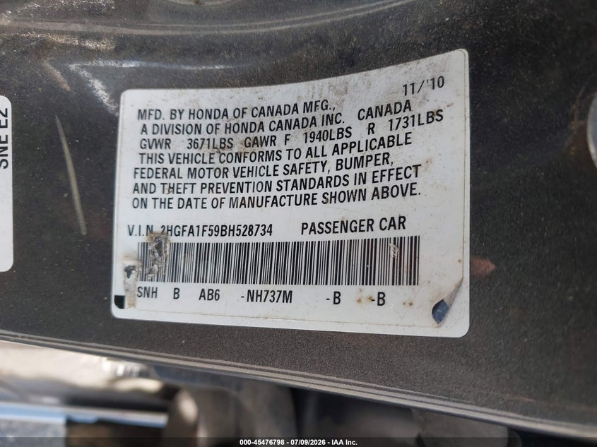 2011 HONDA CIVIC SEDAN 1.8L I-4 VVT, 140HP
