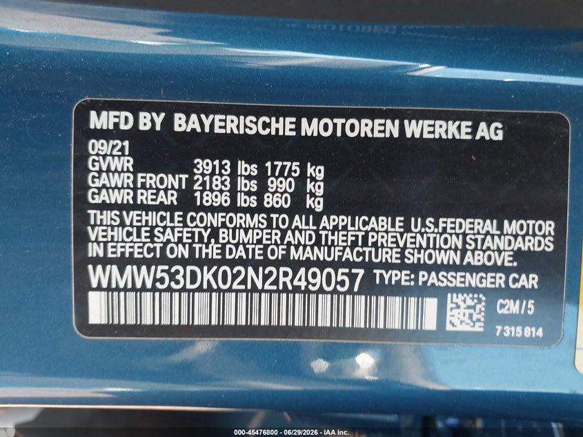 2022 Mini Hardtop Cooper S VIN: WMW53DK02N2R49057 Lot: 45476800