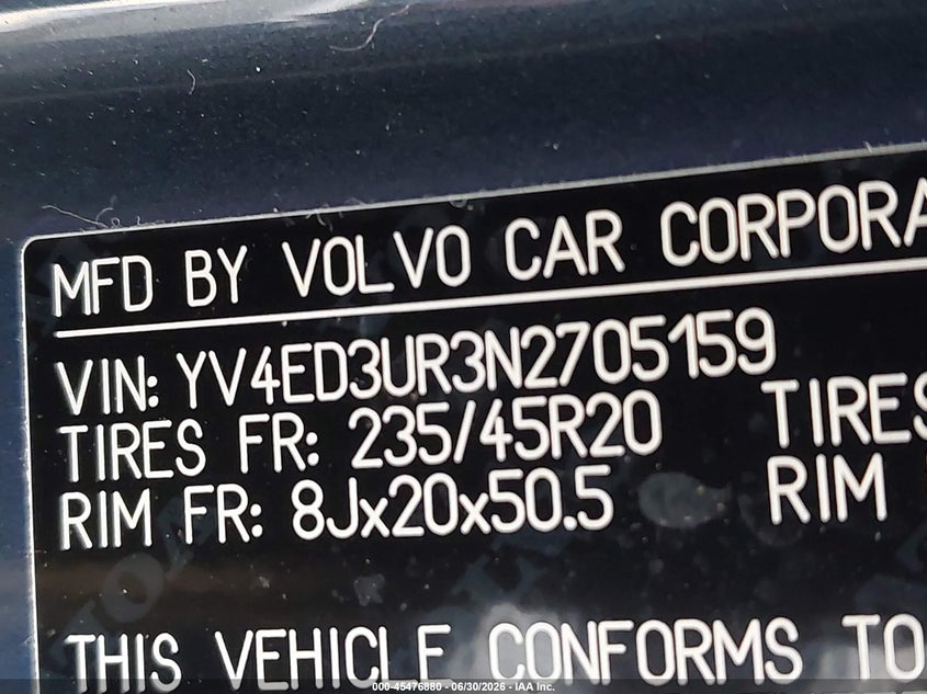 2022 Volvo Xc40 Recharge Pure Electric P8 Twin Plus VIN: YV4ED3UR3N2705159 Lot: 45476880