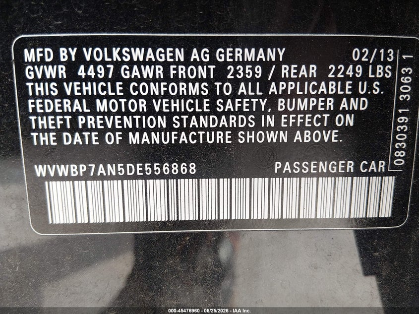 2013 Volkswagen Cc 2.0T Sport VIN: WVWBP7AN5DE556868 Lot: 45476960