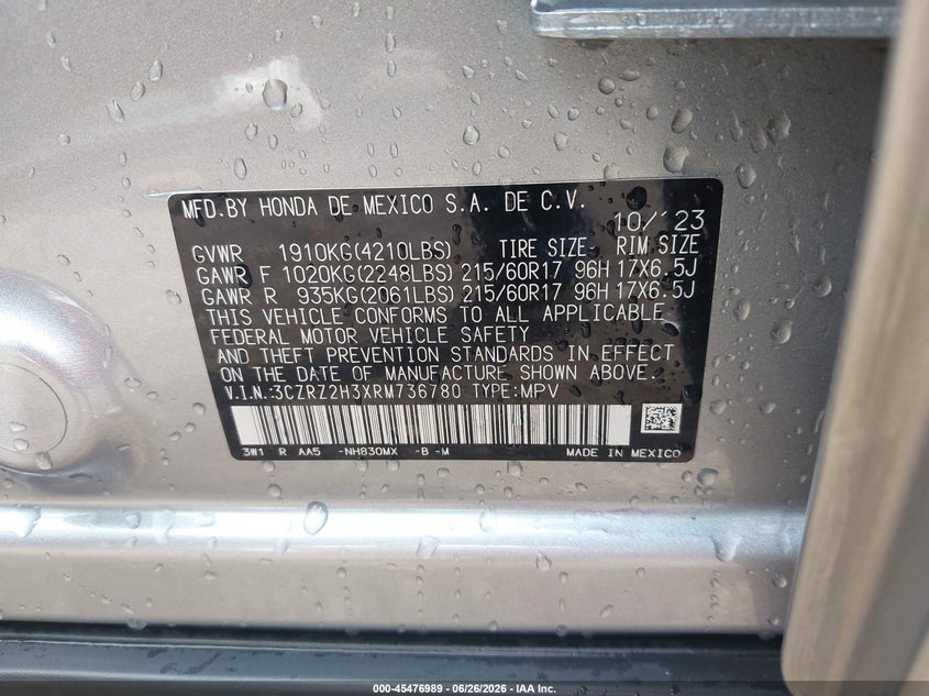 HONDA HR-V 2024 VIN 3CZRZ2H3XRM736780