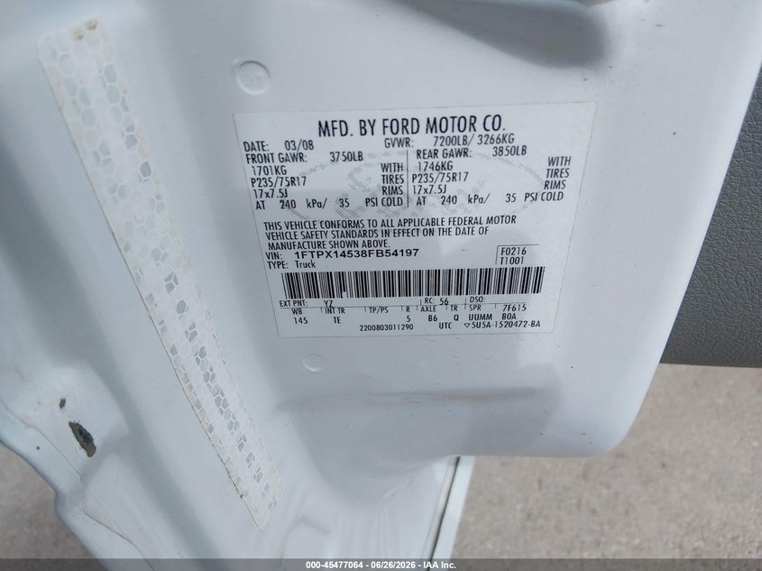 2008 FORD F-150 PICKUP 5.4L V8 FI SOHC F