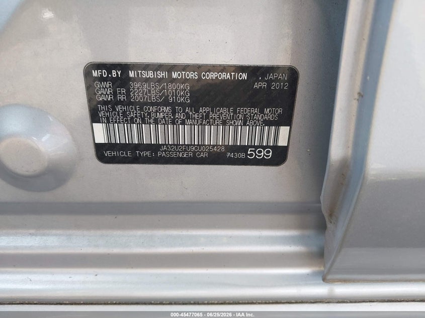 2012 Mitsubishi Lancer Es VIN: JA32U2FU9CU025428 Lot: 45477065