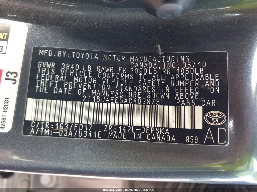 2010 TOYOTA COROLLA SEDAN 1.8L I-4 DOHC, VVT, 132HP