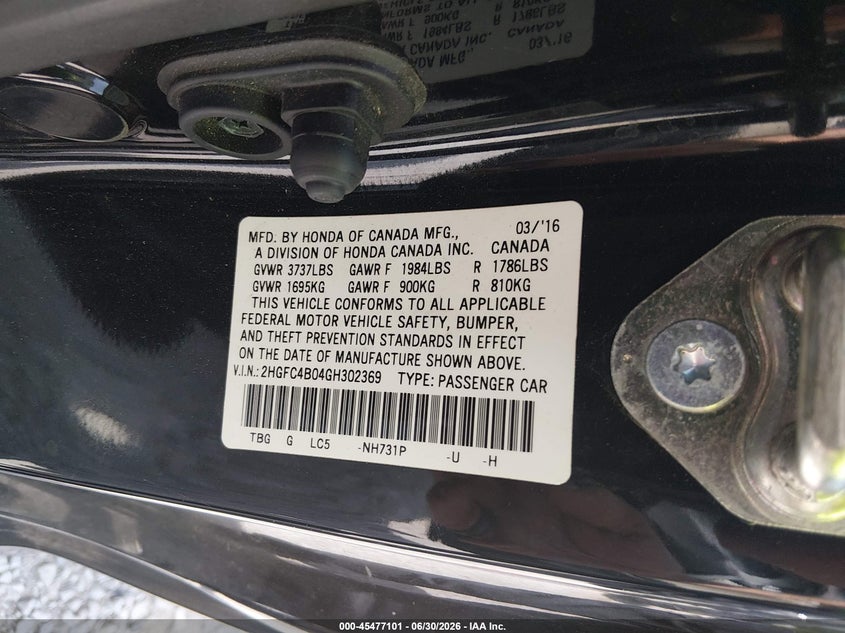 2016 HONDA CIVIC COUPE 2.0L I-4 DOHC, VVT, 158HP