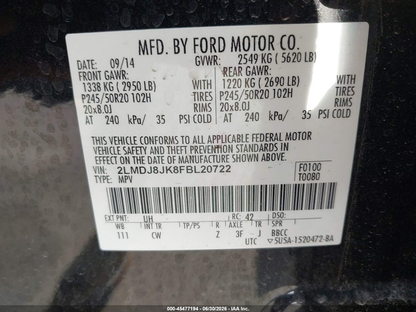 2015 Lincoln Mkx VIN: 2LMDJ8JK8FBL20722 Lot: 45477194