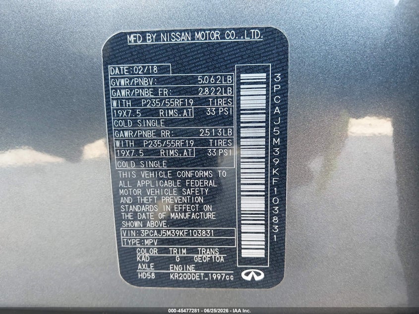 2019 Infiniti Qx50 Essential VIN: 3PCAJ5M39KF103831 Lot: 45477281