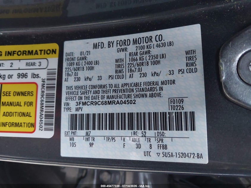 2021 Ford Bronco Sport Outer Banks VIN: 3FMCR9C68MRA04502 Lot: 45477338
