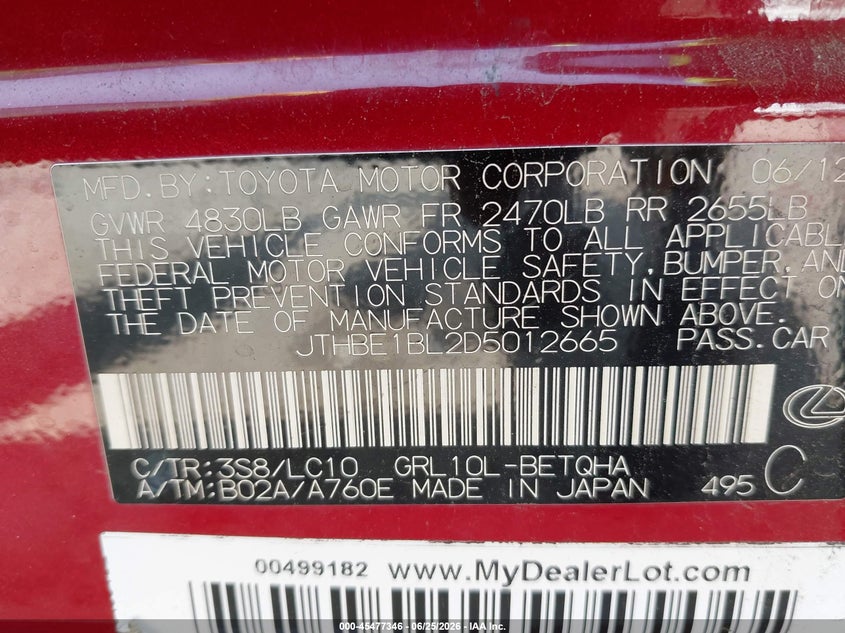 2013 Lexus Gs 350 VIN: JTHBE1BL2D5012665 Lot: 45477346