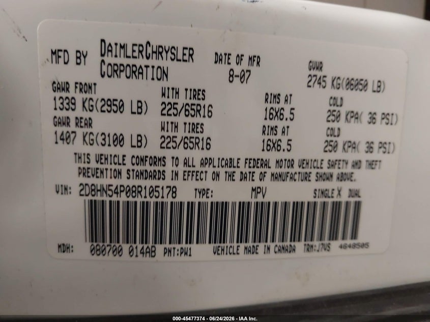 2008 Dodge Grand Caravan Sxt VIN: 2D8HN54P08R105178 Lot: 45477374