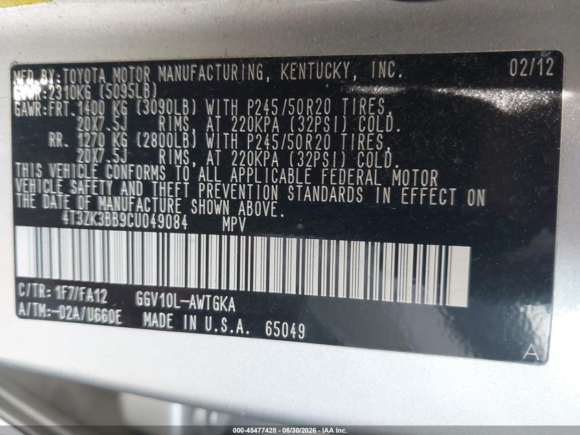 2012 Toyota Venza Le V6 VIN: 4T3ZK3BB9CU049084 Lot: 45477428