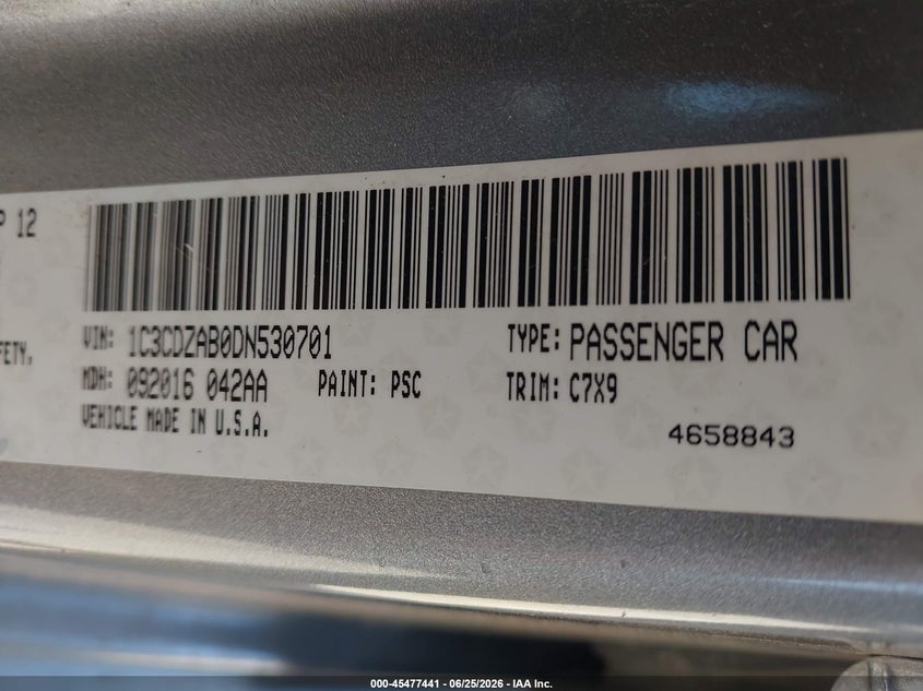 2013 Dodge Avenger Se VIN: 1C3CDZAB0DN530701 Lot: 45477441