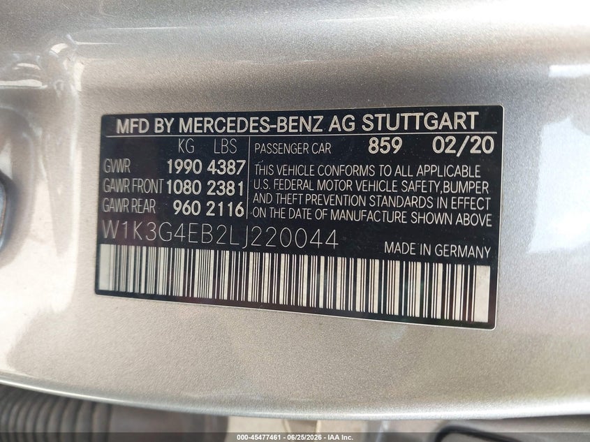 2020 Mercedes-Benz A 220 VIN: W1K3G4EB2LJ220044 Lot: 45477461