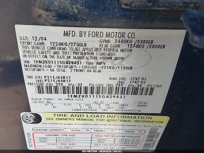 2005 Ford Freestyle Se VIN: 1FMZK01115GA29431 Lot: 45477481