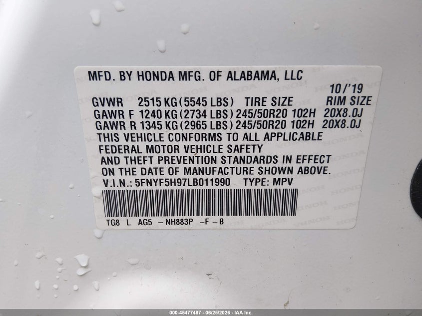2020 HONDA PILOT SPORT UTILITY VEHICLE 3.5L V-6 DI, VVT, 280HP