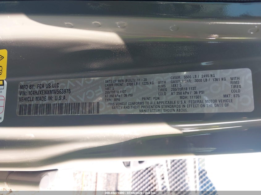 JEEP WRANGLER UNLIMITED 2021 VIN 1C4HJXENXMW563976