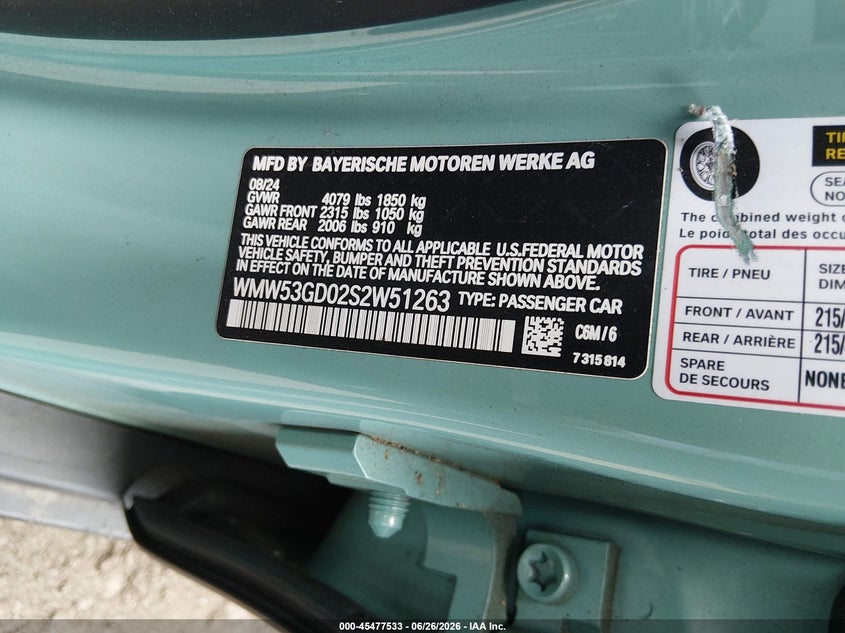 2025 Mini Hardtop Cooper S VIN: WMW53GD02S2W51263 Lot: 45477533