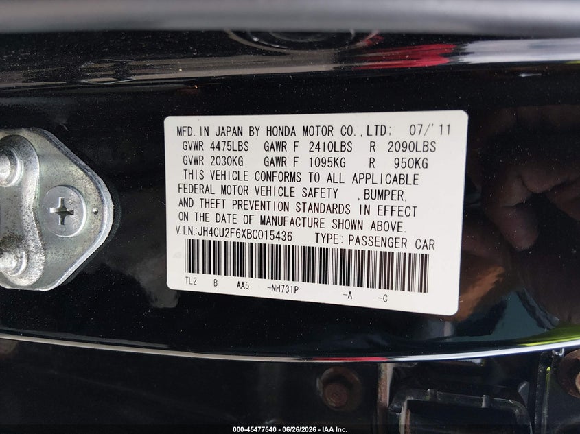 2011 Acura Tsx 2.4 VIN: JH4CU2F6XBC015436 Lot: 45477540