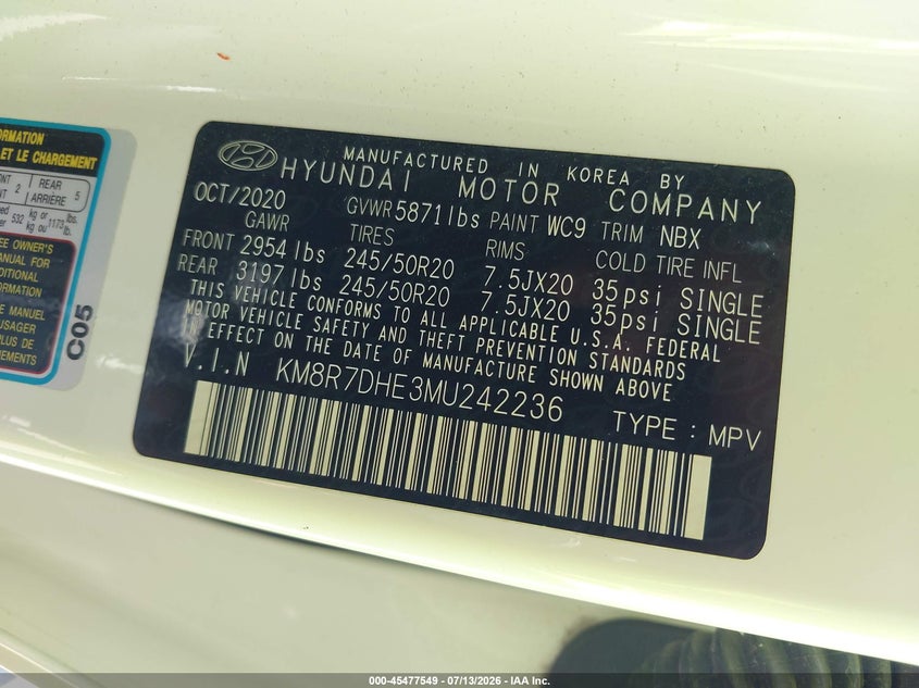 2021 Hyundai Palisade Calligraphy VIN: KM8R7DHE3MU242236 Lot: 45477549